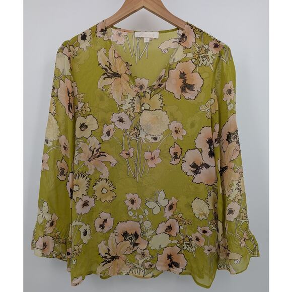Vintage 100% Silk Etcetera Green Floral Semi-Sheer Long Sleeve Blouse Size 8 - Picture 1 of 4
